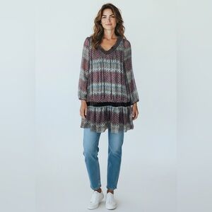 Boho Peasant Tunic Dress Mini Burgundy Sheer Ruffle Hem Flowy Relaxed S Gypsy